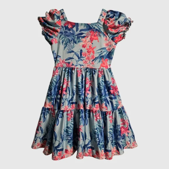 Tommy Bahama Dress Girls 4T Toddler Blue Multi Tiered Puff Sleeve Logo Tropical - Picture 1 of 9